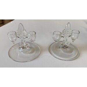 Pair Viking New Martinsville Janice Fleur de Lis Deco Double Taper Candlesticks